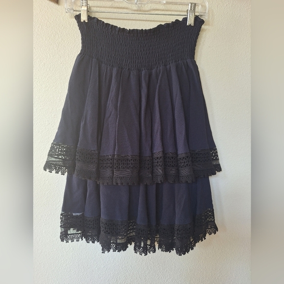 Maje Jaglia Tiered Skirt Navy/Black Lace Trim Smocked Waist Womens Size M - Picture 8 of 9
